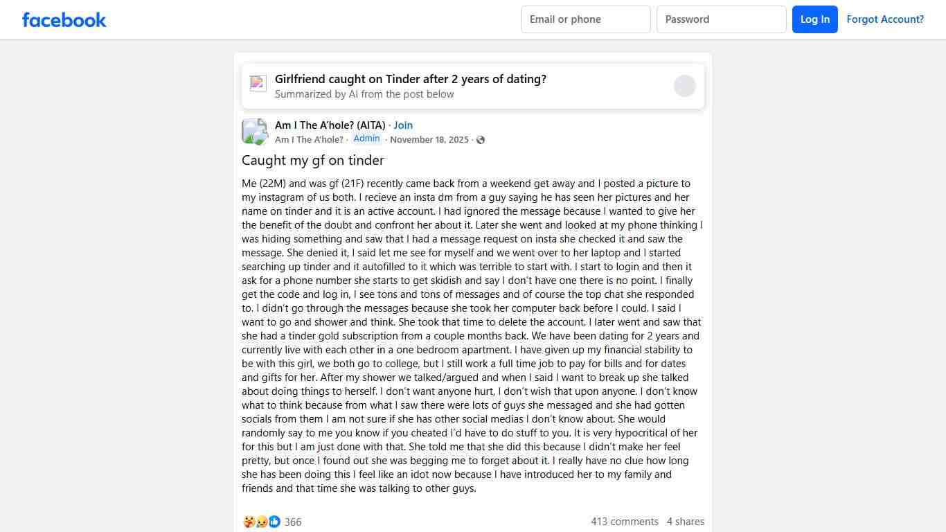 Am I The A’hole? (AITA) | # Caught my gf on tinder | Facebook